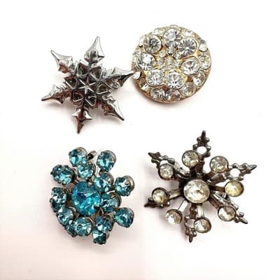Vintage 80s Rhinestone Snowflake Starburst 4 Broochs Pins Two Tone Retro Jewelry