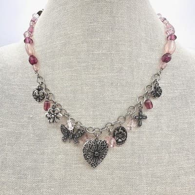 Vintage 80s Pink Purple Beads Charm Necklace Heart Butterfly Silver Tone Jewelry