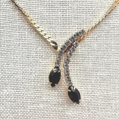 Vintage 90s Gold Tone Rhinestone Black Marquise Y Drop Lariat Necklace Jewelry