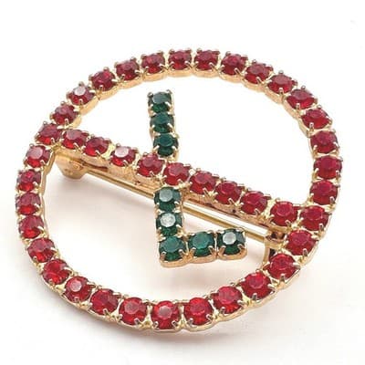 Vintage Y2K Red & Green Rhinestone Circle Brooch Pin Gold Tone Women's Jewelry
