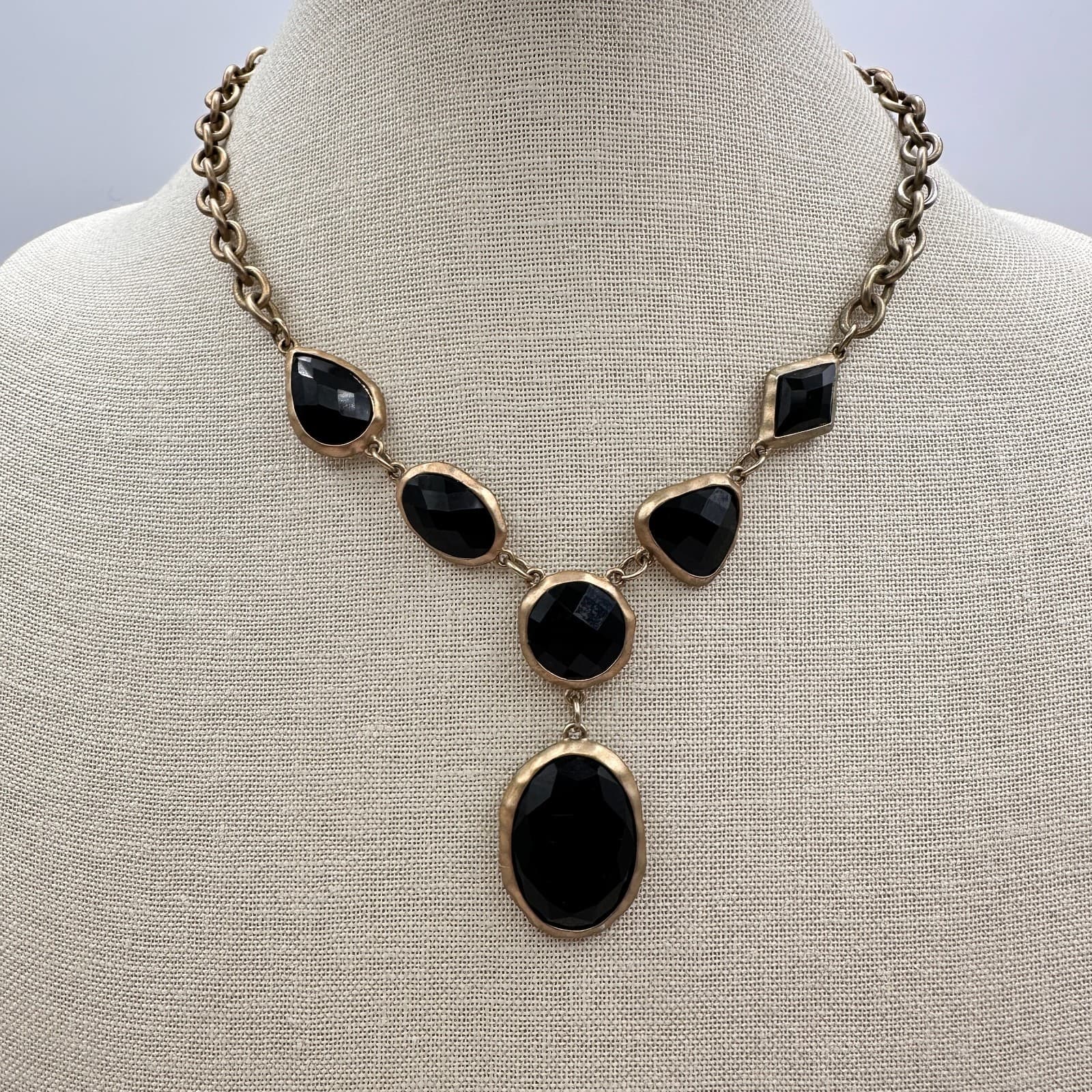 Vintage 90s Geometric Drop Black Crystal Pendant Necklace Gold Tone Jewelry