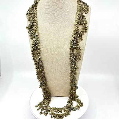 Vintage Brass Tone Ghungroo Bell Fringe Necklace Gold Tone Statement Boho Retro