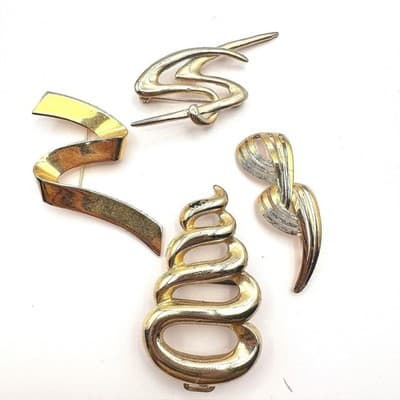 Vintage 80s 90s Gold Tone Abstract Brooch Pins Set Ribbon Geometric Modernist