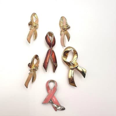 Vintage 90s Awareness Ribbon Enamel Gold Tone Brooch Pins Set Classic Jewelry