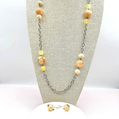 Vintage Y2K Beaded Silver Tone Necklace Earring Set Boho Women's Classic Jewelry
