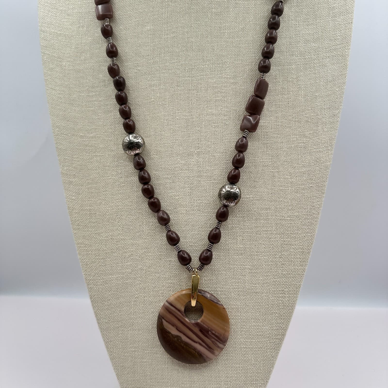 Vintage Y2K Beaded Pendant Necklace Striped Stone Boho Women's Classic Jewelry