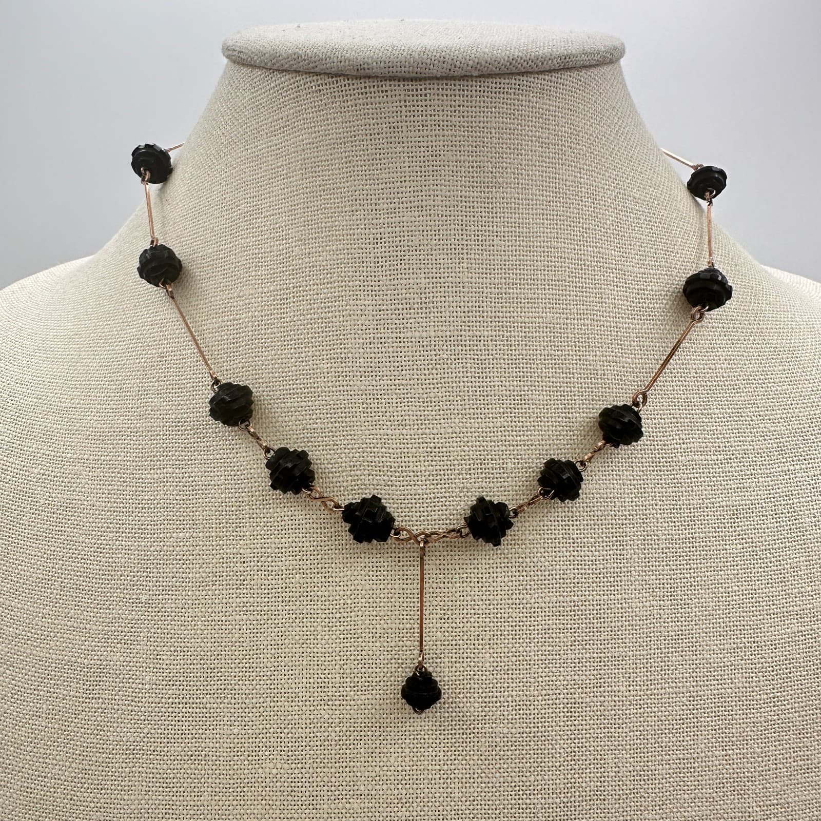 Vintage Y2K Black Carved Beaded Rose Gold-Tone Y-Necklace Women's Jewelry