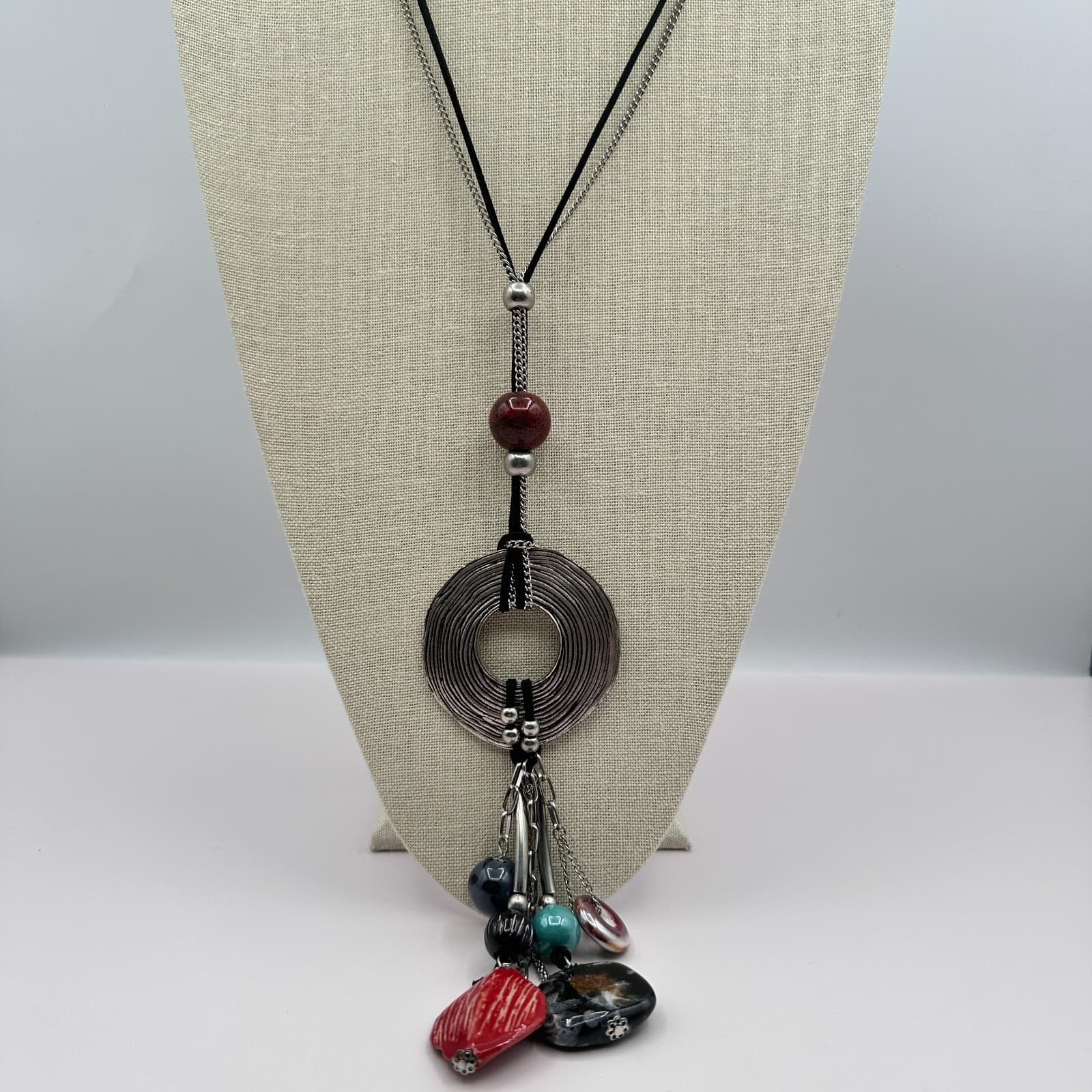 Vintage 90s Multi-Stone Tassel Statement Silver Tone Necklace Boho Fashion