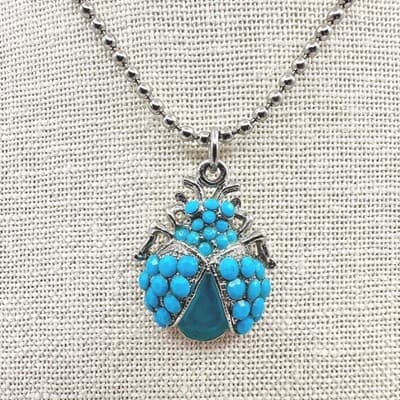 Vintage 90s Turquoise Beaded Silver Tone Ball Chain Beetle Pendant Necklace