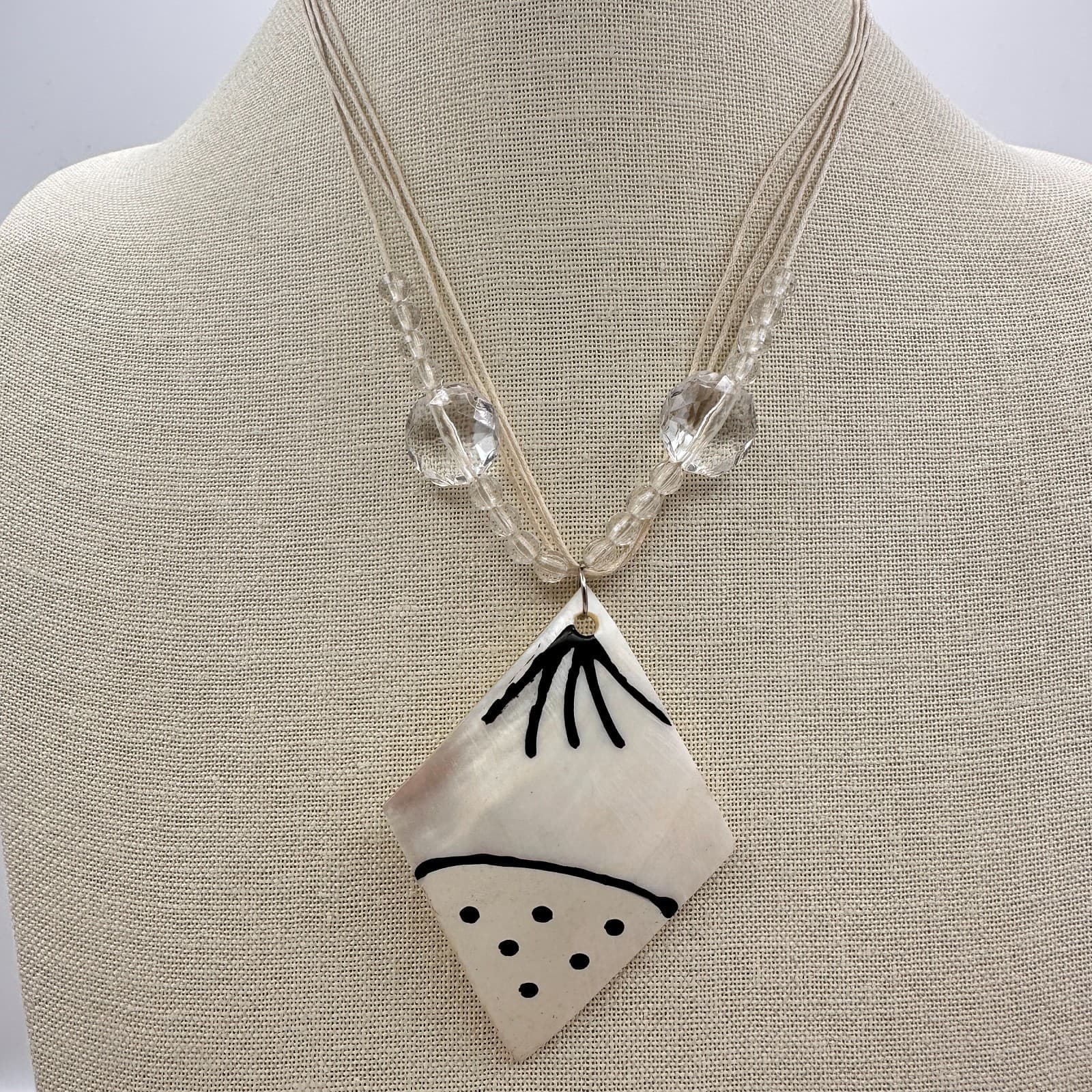 Vintage 90s Multi Stand Beaded Hand Painted Mother-of-Pearl Pendant Necklace