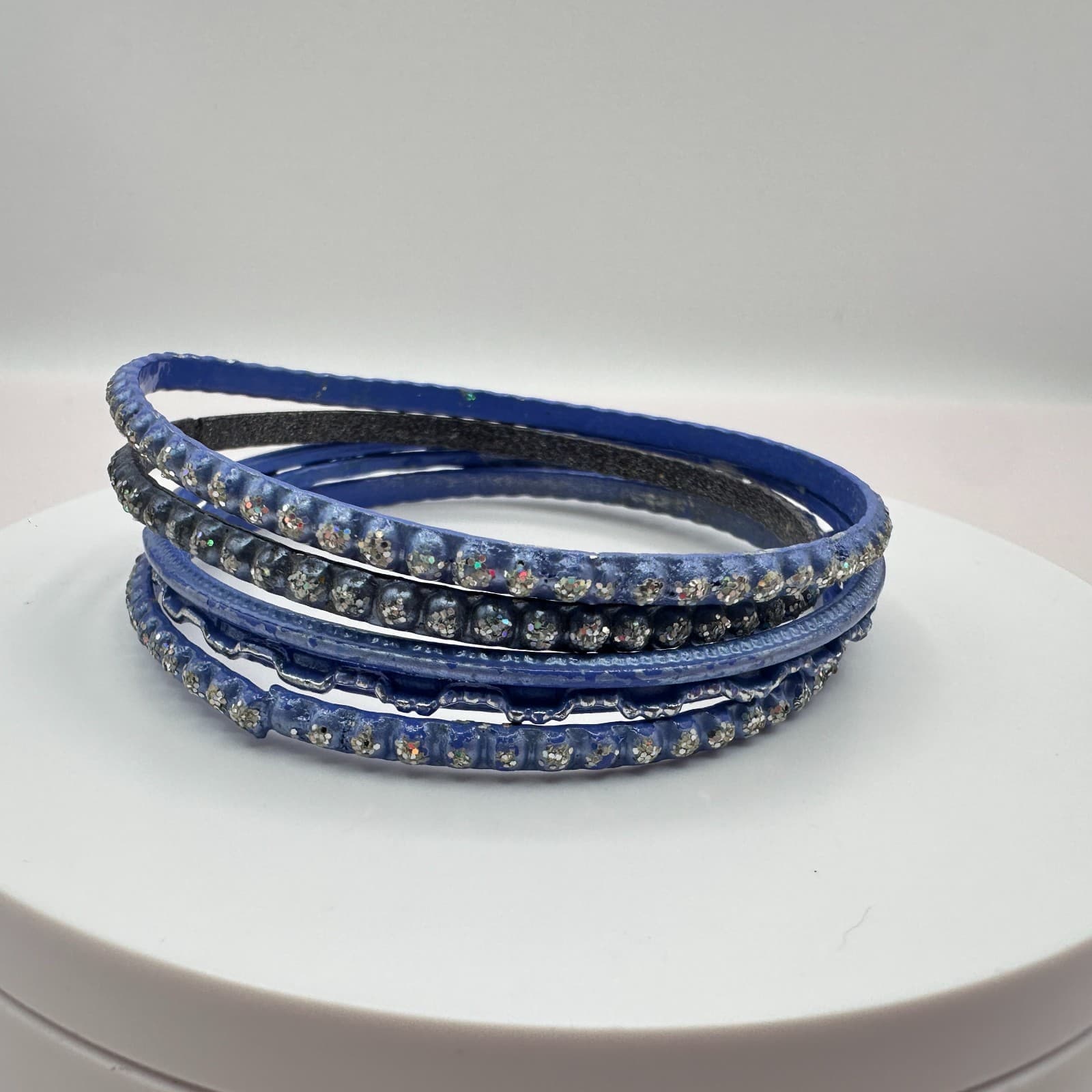 Vintage 90s Blue Glitter Bangles Set Boho Fashion Women's Costume Jewelry