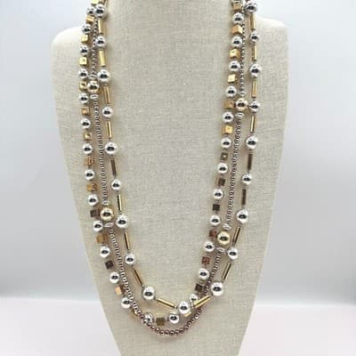 Vintage Y2K Multi-Strand Beaded Gold/Silver Tone Necklace Boho Women's Jewelry