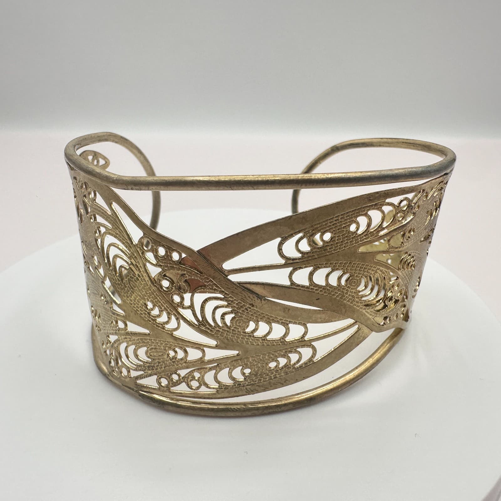 Vintage 80s 90s Gold Tone Filigree Wide Hand Bracelet Statement Boho Jewelry
