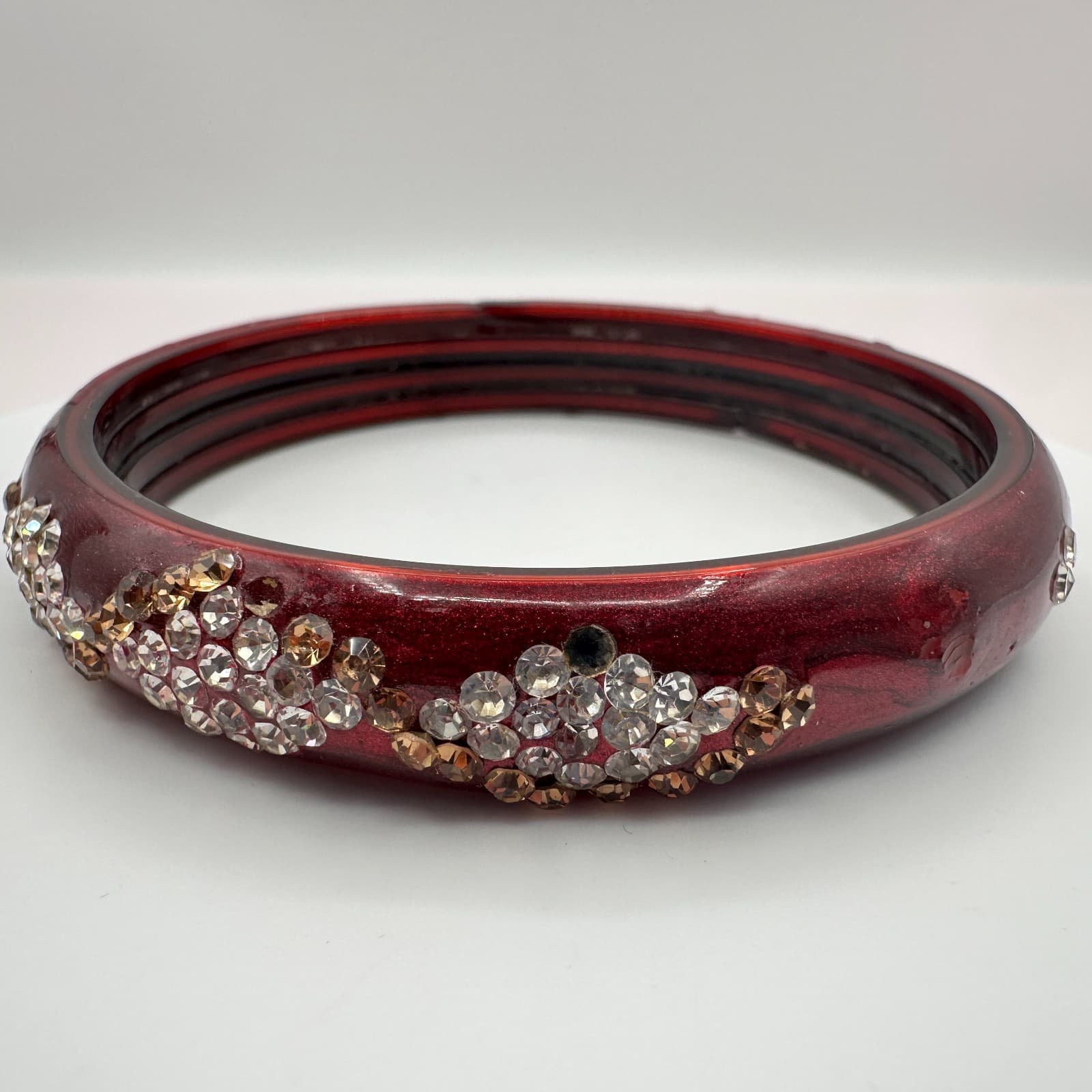 Vintage 80s Wide Maroon Glass Bangle Rhinestone Crystal Flower Cluster Jewelry