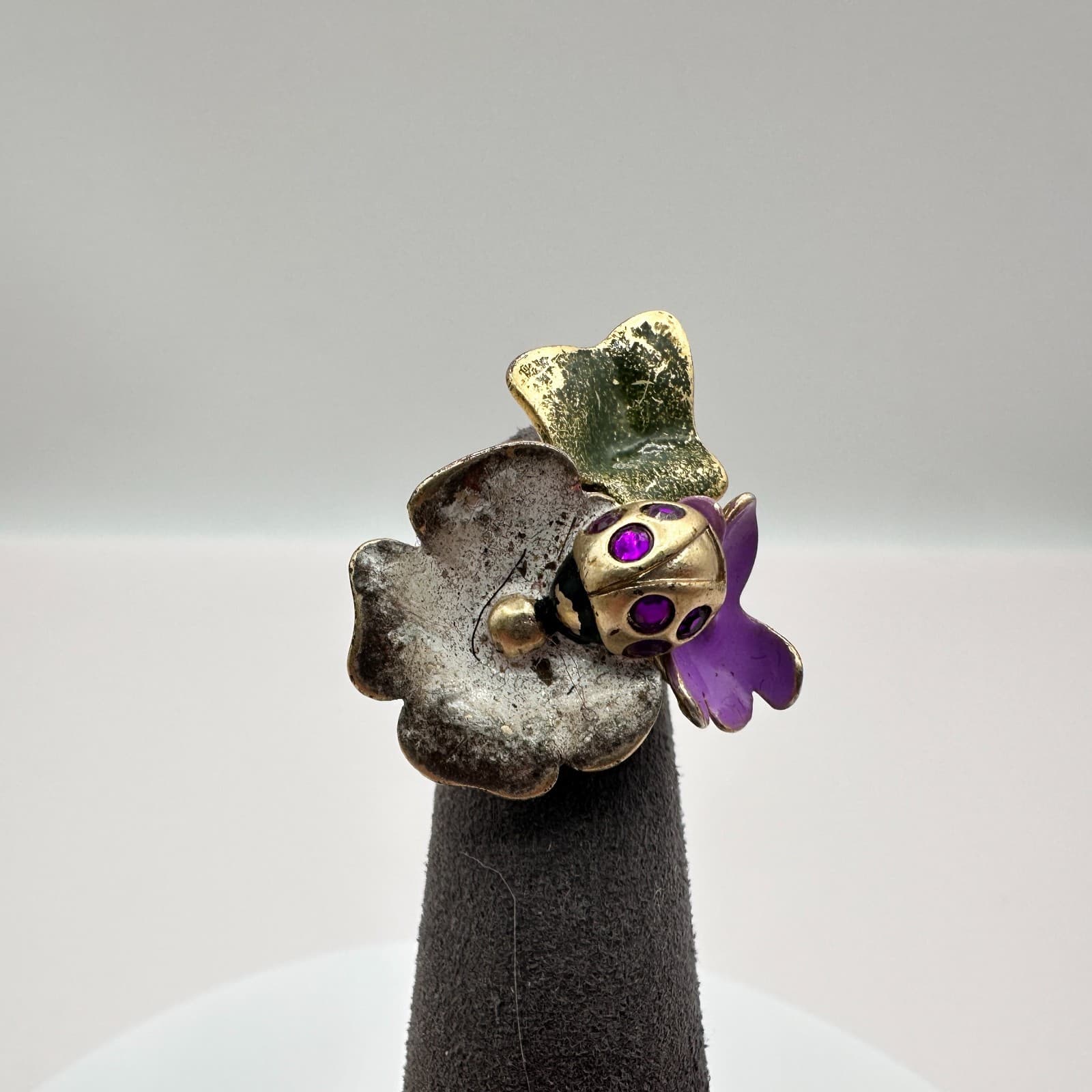 Vintage 80s Flower Ladybug Ring Gold Tone Purple Rhinestones Costume Jewelry