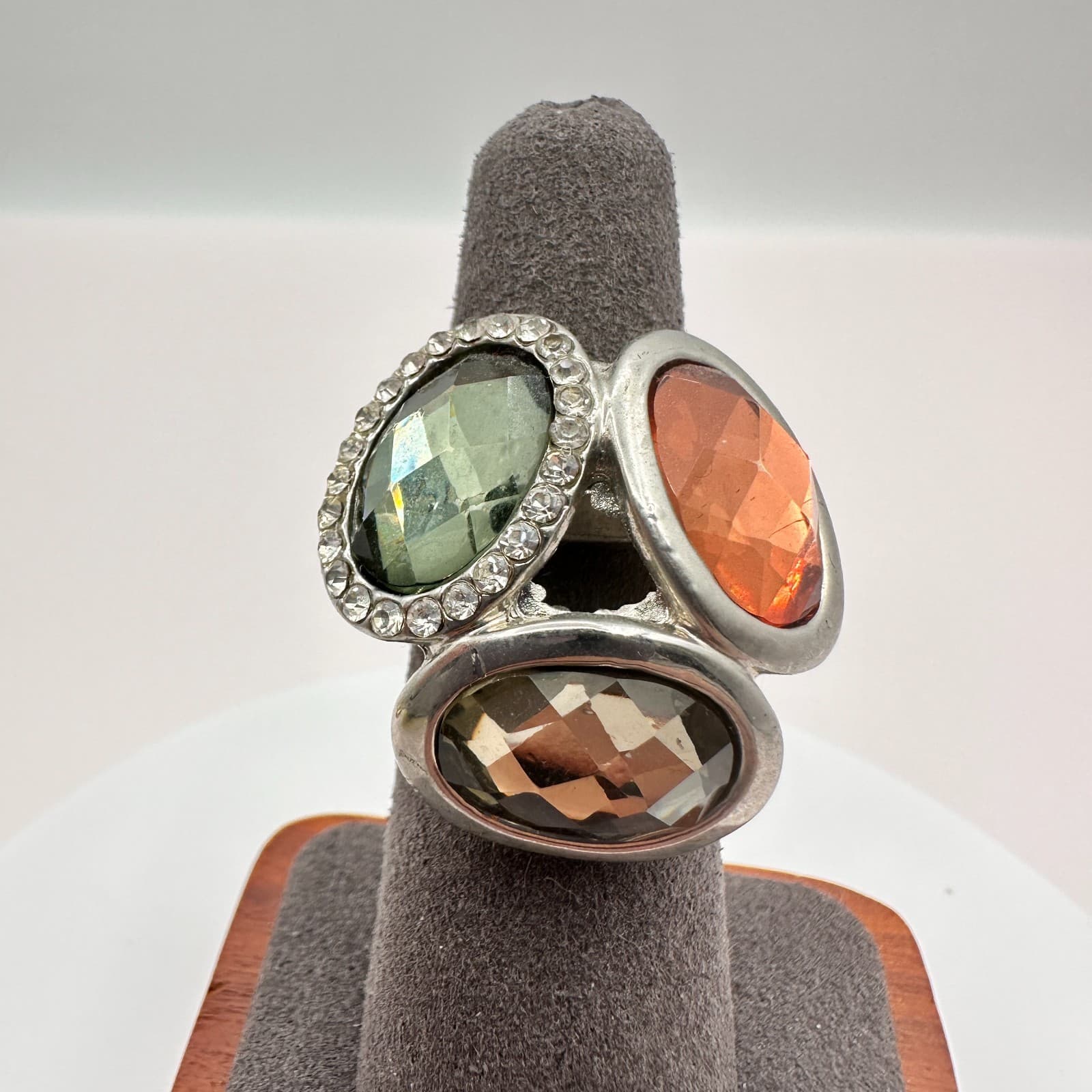 Vintage 90s Rhinestone Silver Tone Statement Ring Boho Women's Classic Jewelry