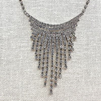 Vintage 90s Silver Tone Clear Glass Rhinestone Fringe Bib Statement Necklace