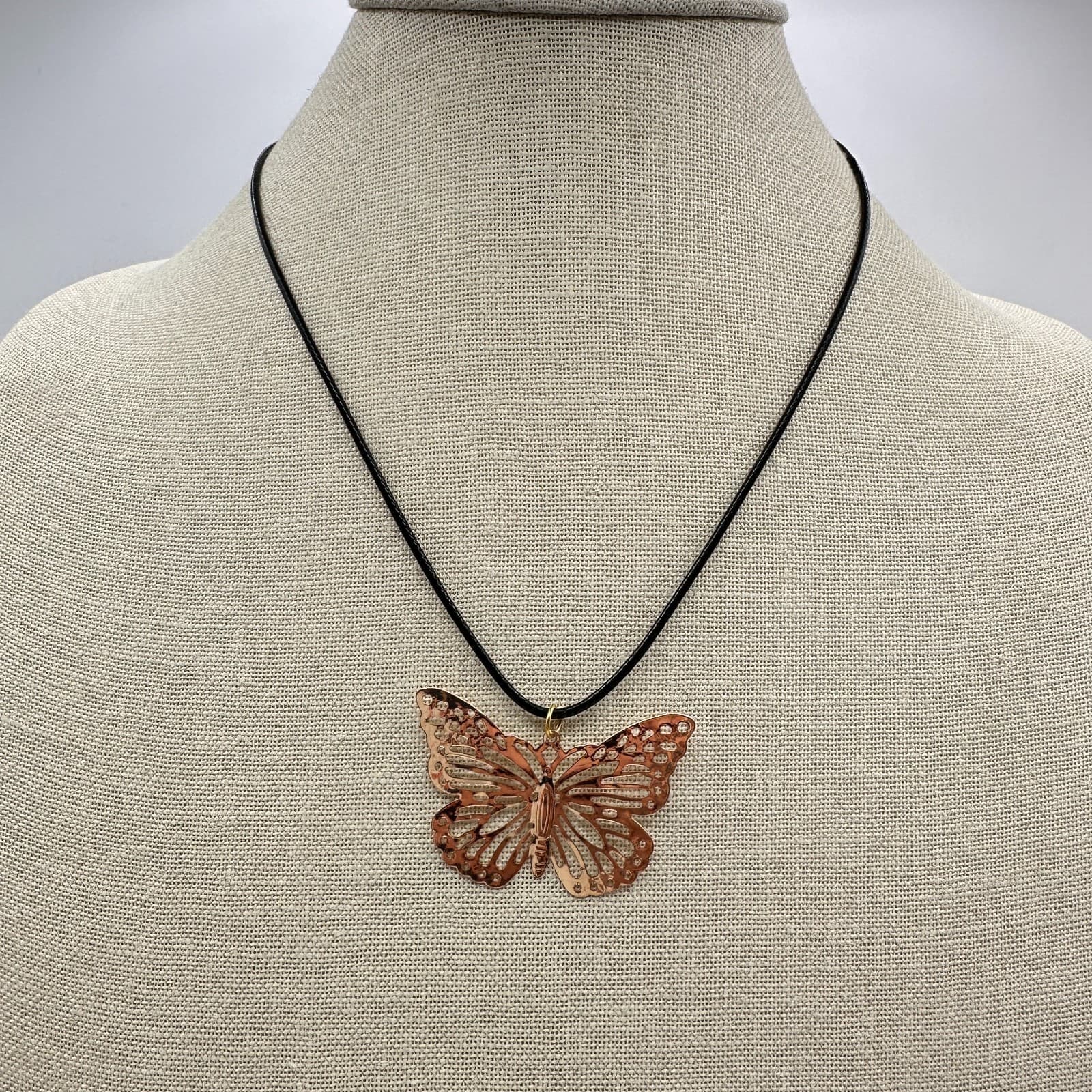 Vintage 90s Gold Tone Butterfly Pendant Necklace Black Cord Boho Fashion Jewelry