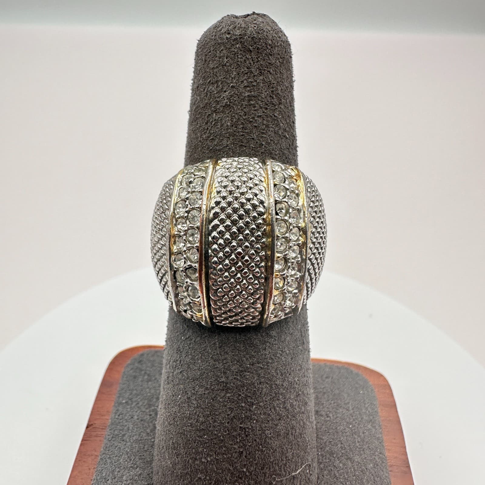 Vintage Y2K Silver Tone Textured Dome Ring Rhinestone Statement Chunky Jewelry