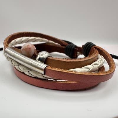 Vintage 80s layer Braided Leather Bracelet Silver Tone Accent Charm jewelry