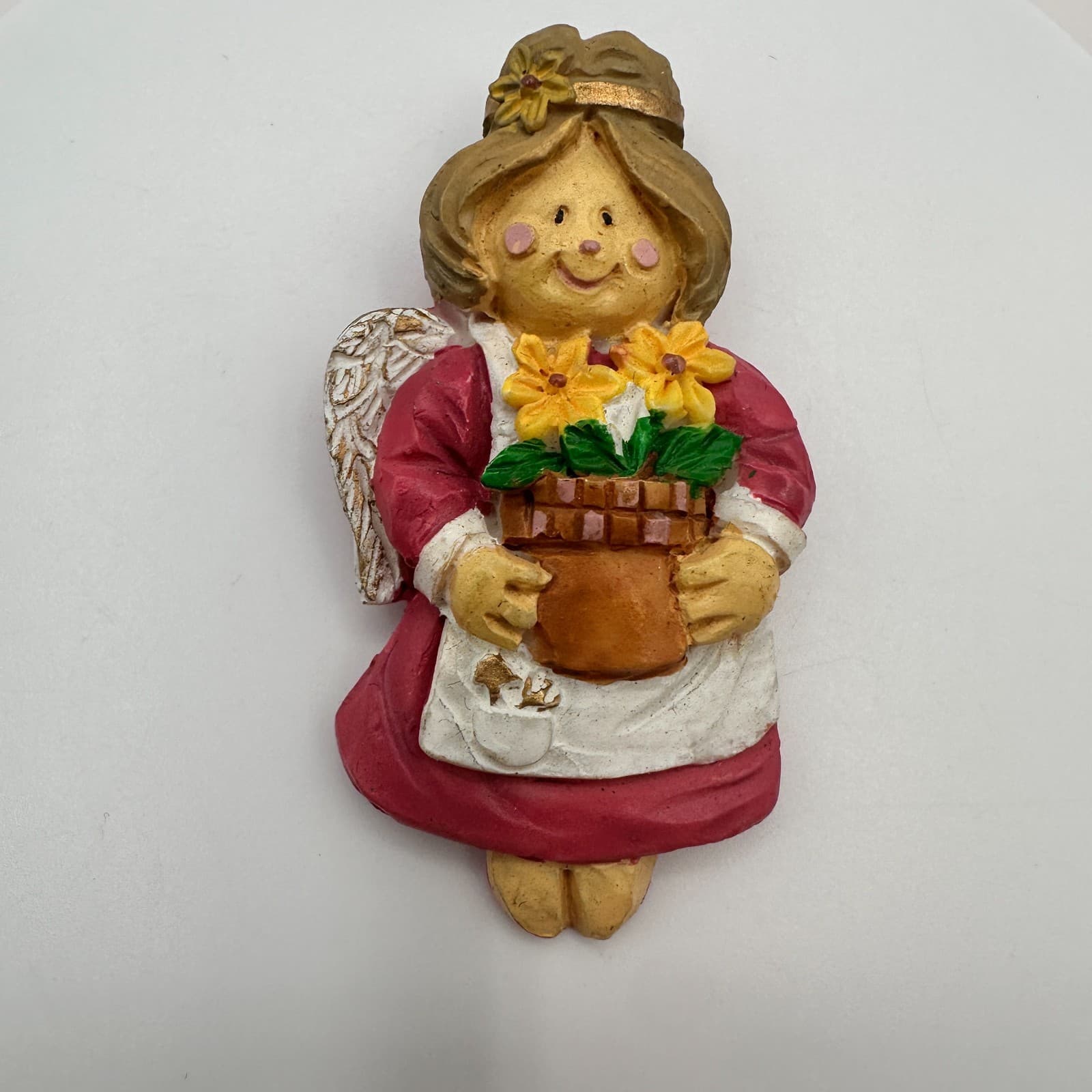 Vintage 90s Angel Brooch Gardener Girl Pink Dress Yellow Flowers Pin Jewelry