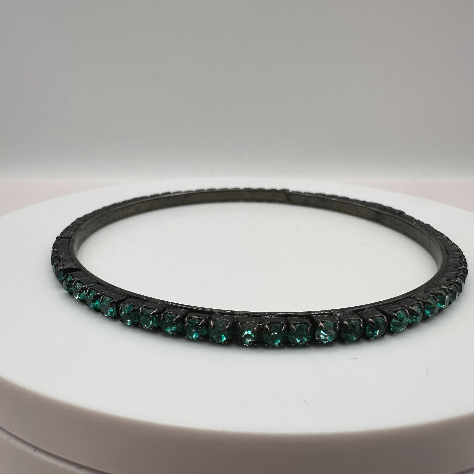 Vintage 80s Green Crystal Rhinestone Bangle Bracelet Dark Metal Style Jewelry