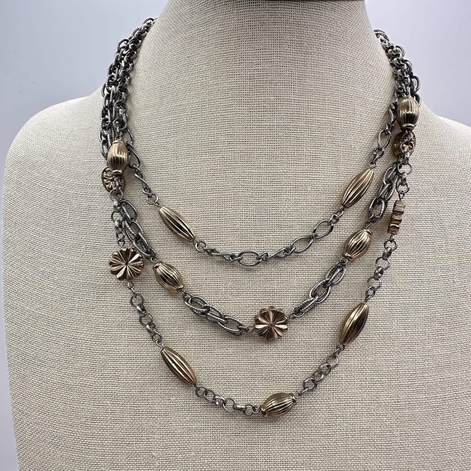Vintage 80s Strands Tone Statement Necklace Gold Silver Oval Flower Bead Jewelry