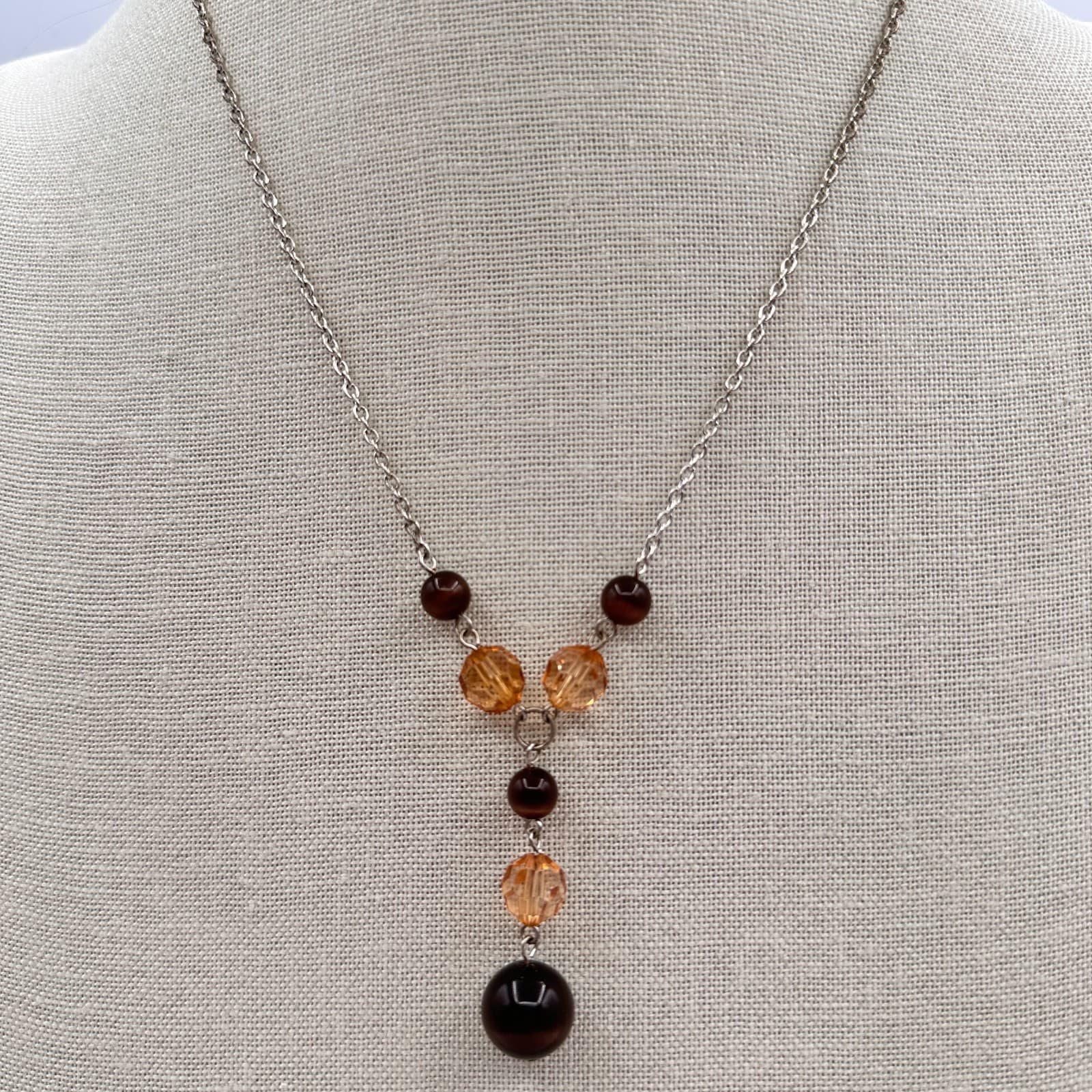 Vintage Y2K Silver Tone Beaded Y-Drop Necklace Boho Statement Women's Jewelry