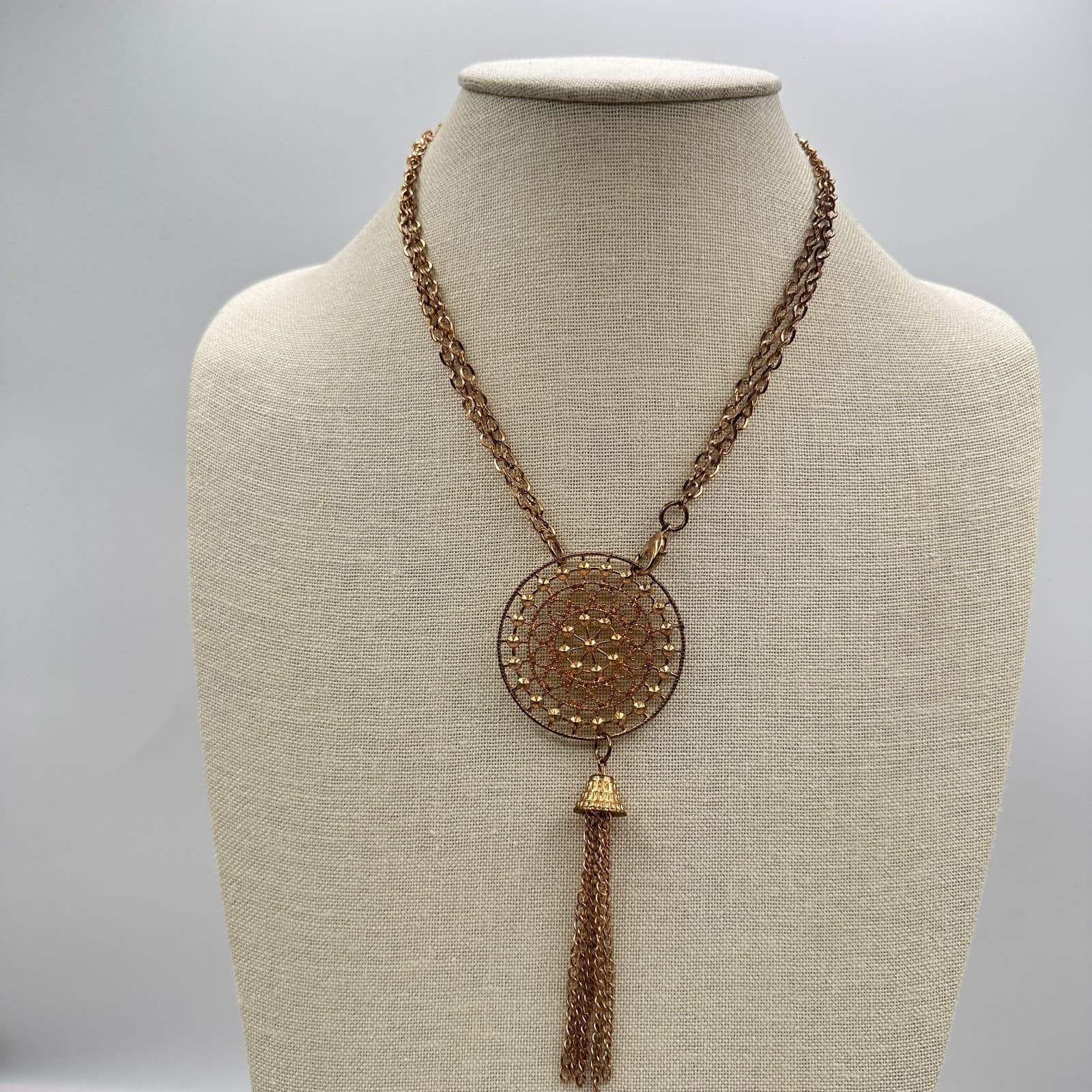 Vintage 80s Bronze Tone Tassel Pendant Necklace Filigree Bead Statement Jewelry