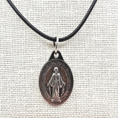 Vintage 90s Virgin Mary Miraculous Medal Pendant Black Cord Necklace Religious
