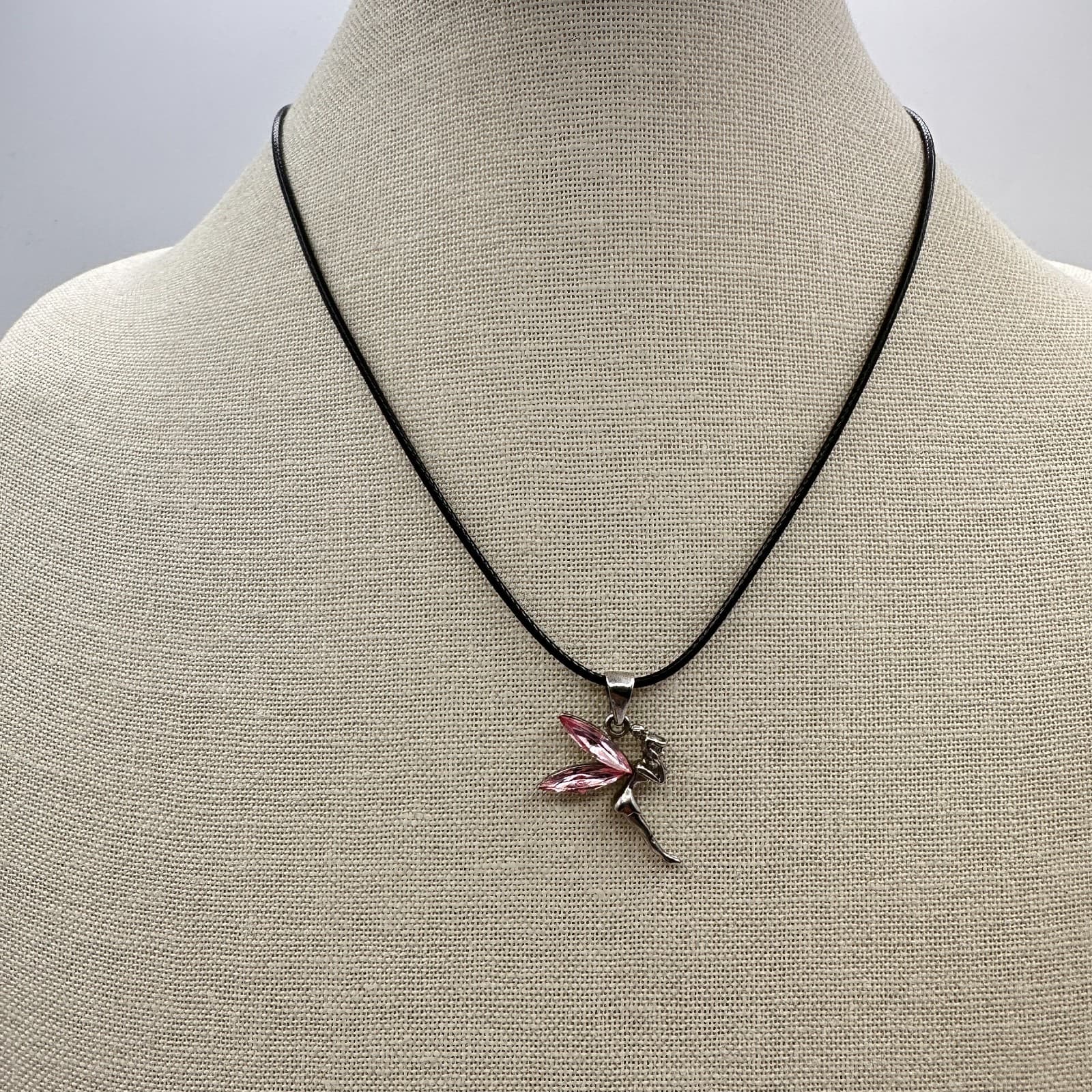 Vintage 90s Silver Tone Pnk Fairy Tinkerbell Pendant Necklace Black Cord Jewelry
