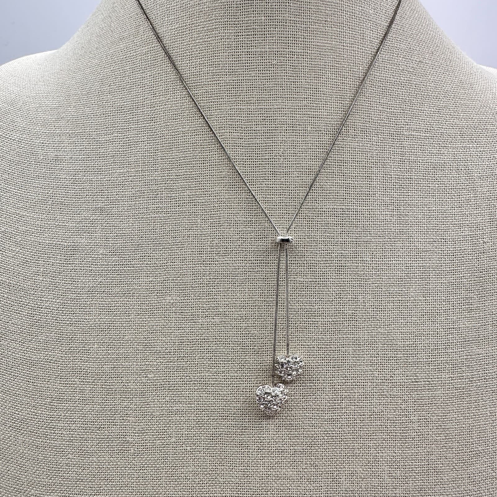 Vintage 90s Silver Pave Rhinestone Puffy Heart Lariat Necklace Tie Retro Jewelry