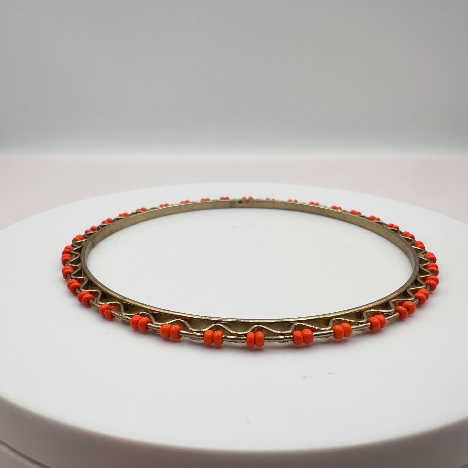 Vintage 80s Orange Coral Seed Bead Silver Tone Bangle Bracelet Stacking Jewelry