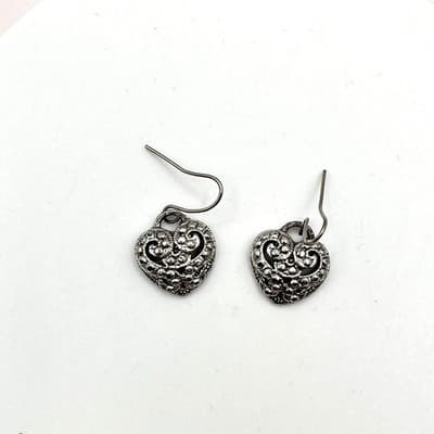 Vintage 90s Silver Tone Filigree Puffy Heart Dangle Hook Earrings Boho Fashion