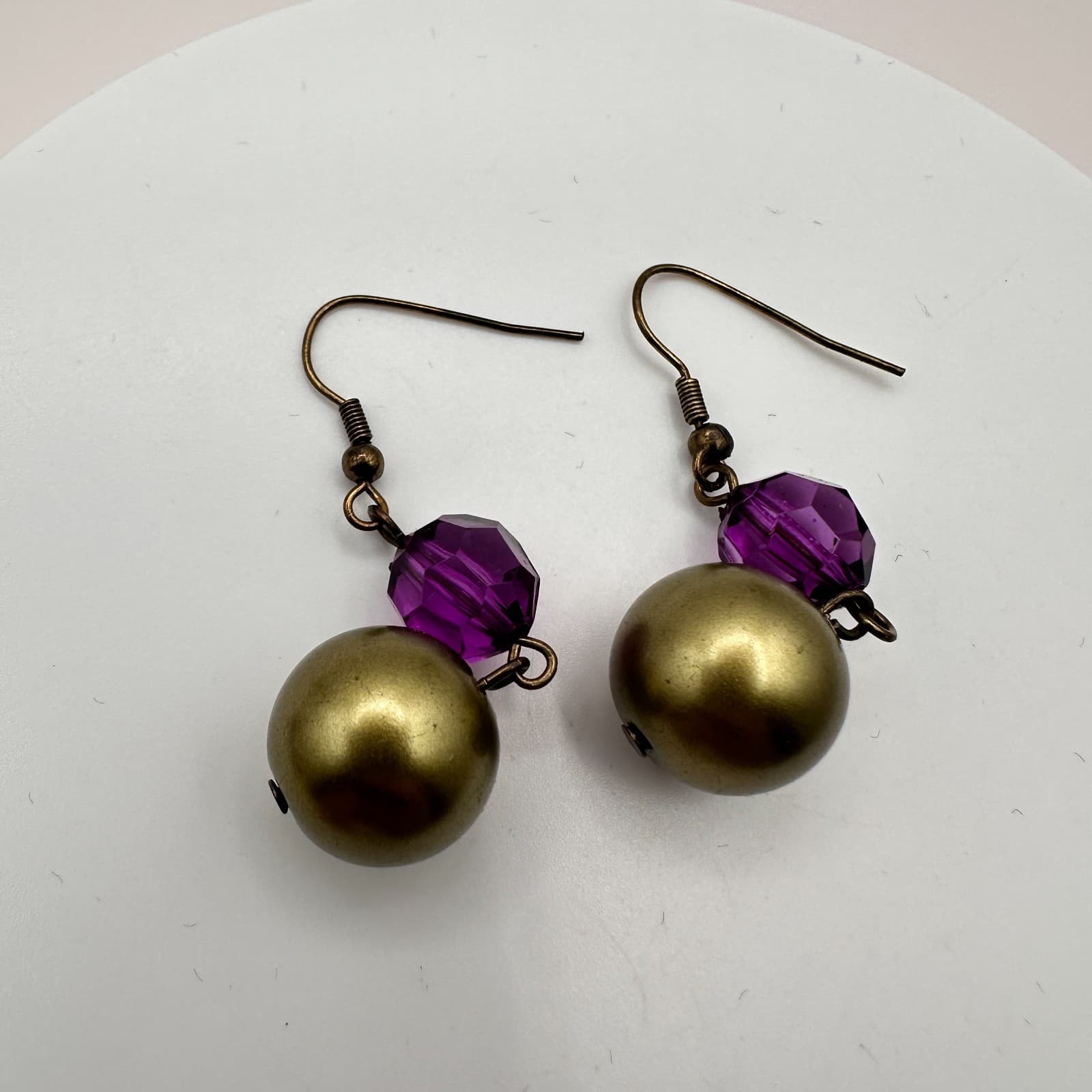 Vintage Y2K Purple Glass & Gold Tone Beaded Dangle Earrings Retro Boho Jewelry