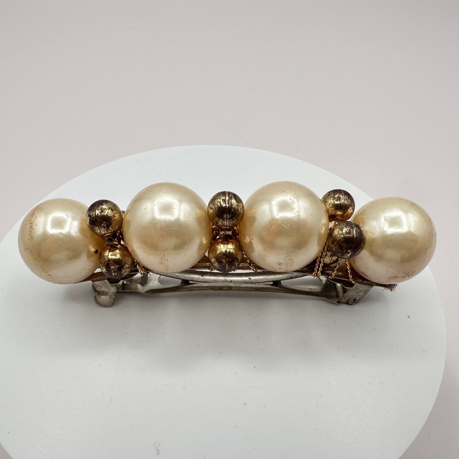 Vintage Y2K Faux Pearl Beaded Barrette Hair Clip Silver Tone Women's Jewelry
