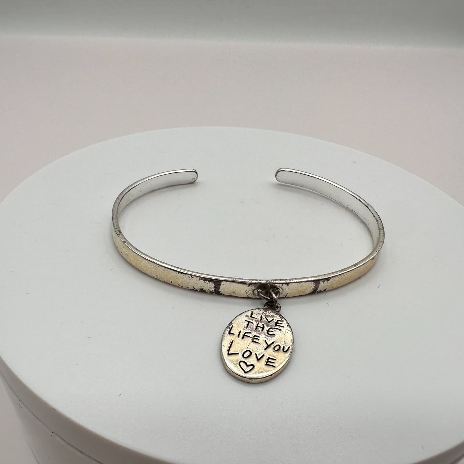 Vintage 90s Silver Tone Hand Bracelet Live The Life You Love Heart Charm Jewelry