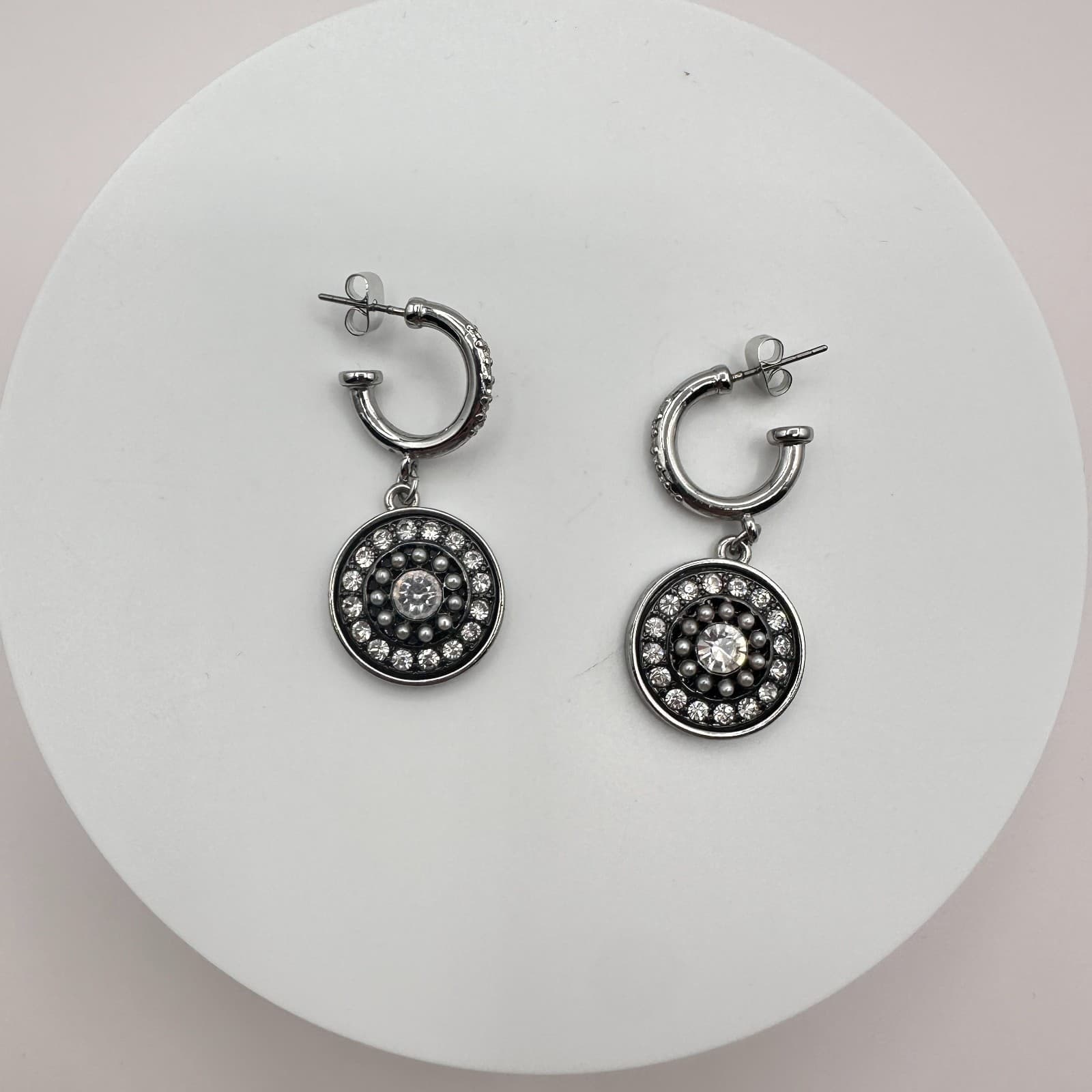 Vintage 90s Silver Tone Glass Dangle Hoop Earrings Boho Round Sunburst Jewelry