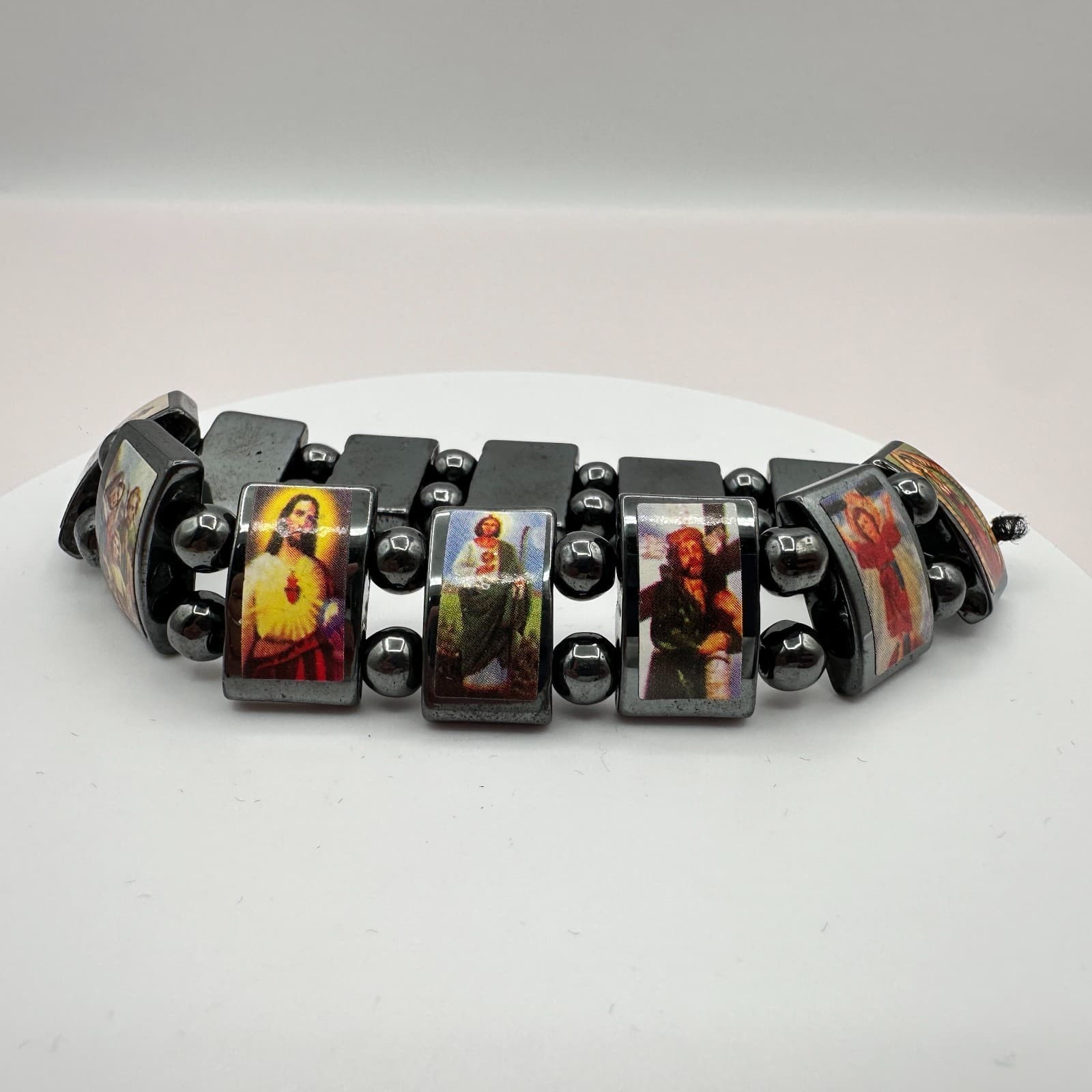 Vintage Y2K Catholic Saints Hematite Religious Icons Beaded Stretch Bracelet
