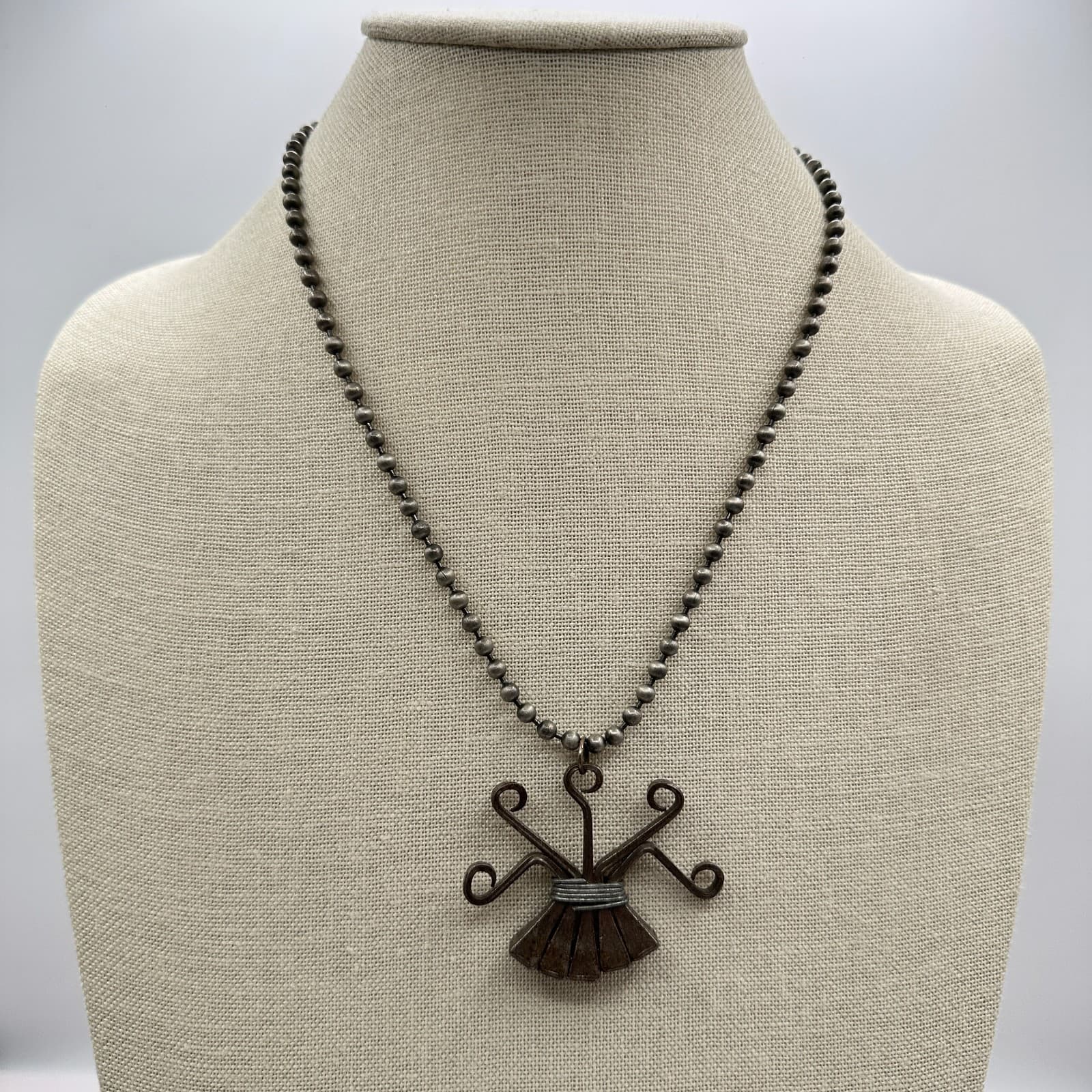 Vintage 70s Oxidized Silver Tone Wire Whisk Broom Pendant Necklace Retro Jewelry