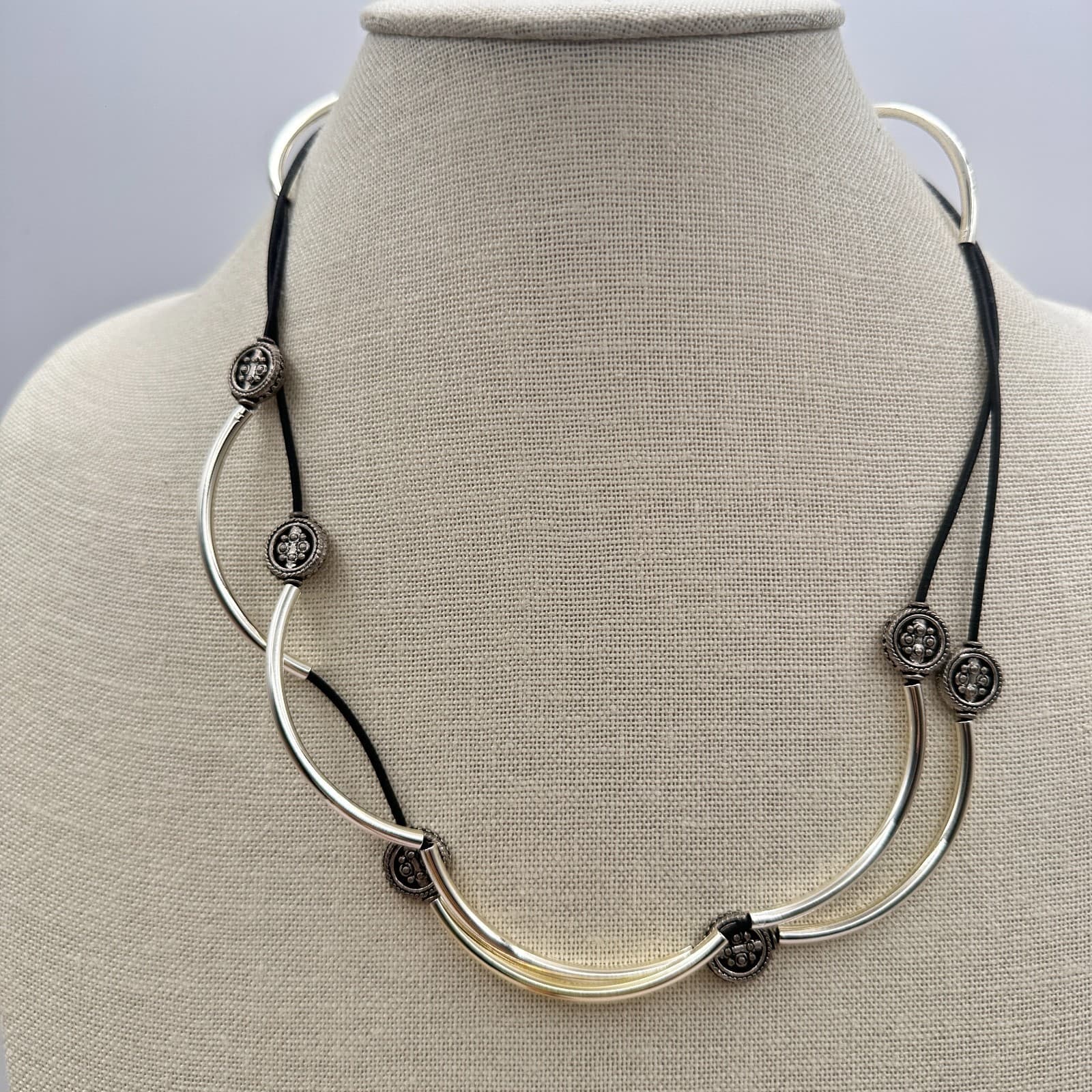 Vintage 90s Silver Tone Curved Tube Black Cord Necklace Boho Statement Jewelry