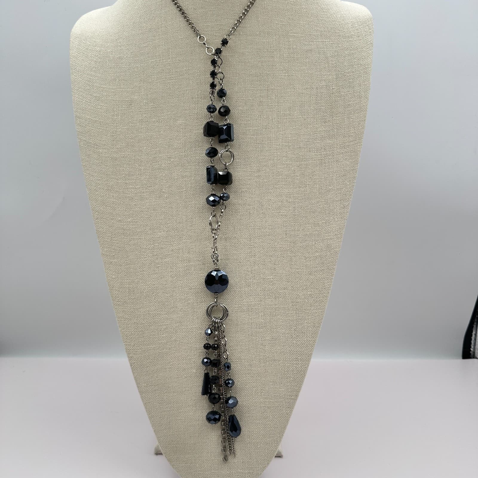 Vintage Y2K Silver Tone Rhinestone Black Beaded Tassel Necklace Boho Jewelry