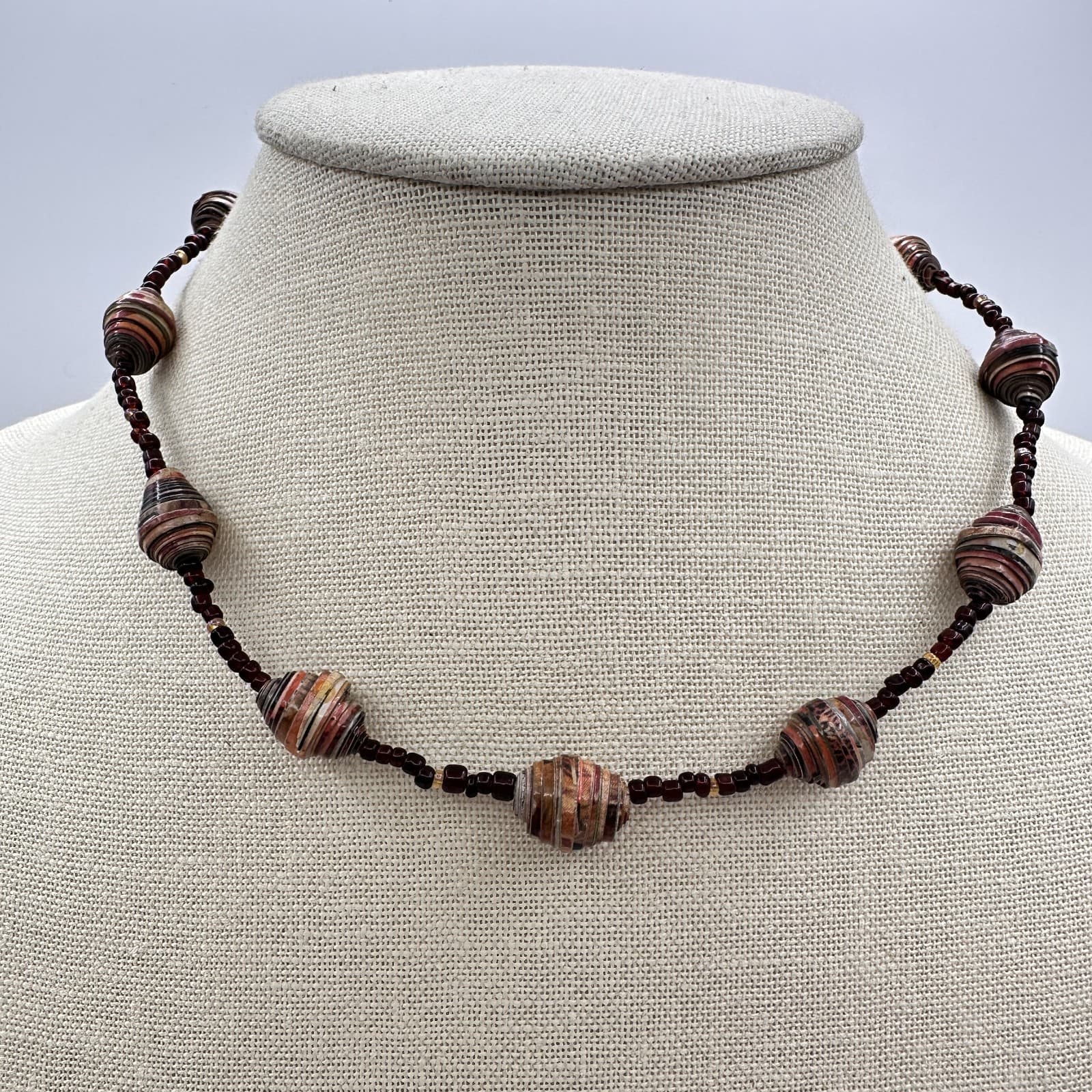 Vintage 90s Boho Recycled Rolled Paper Seed Beaded Necklace Statement Jewelry
