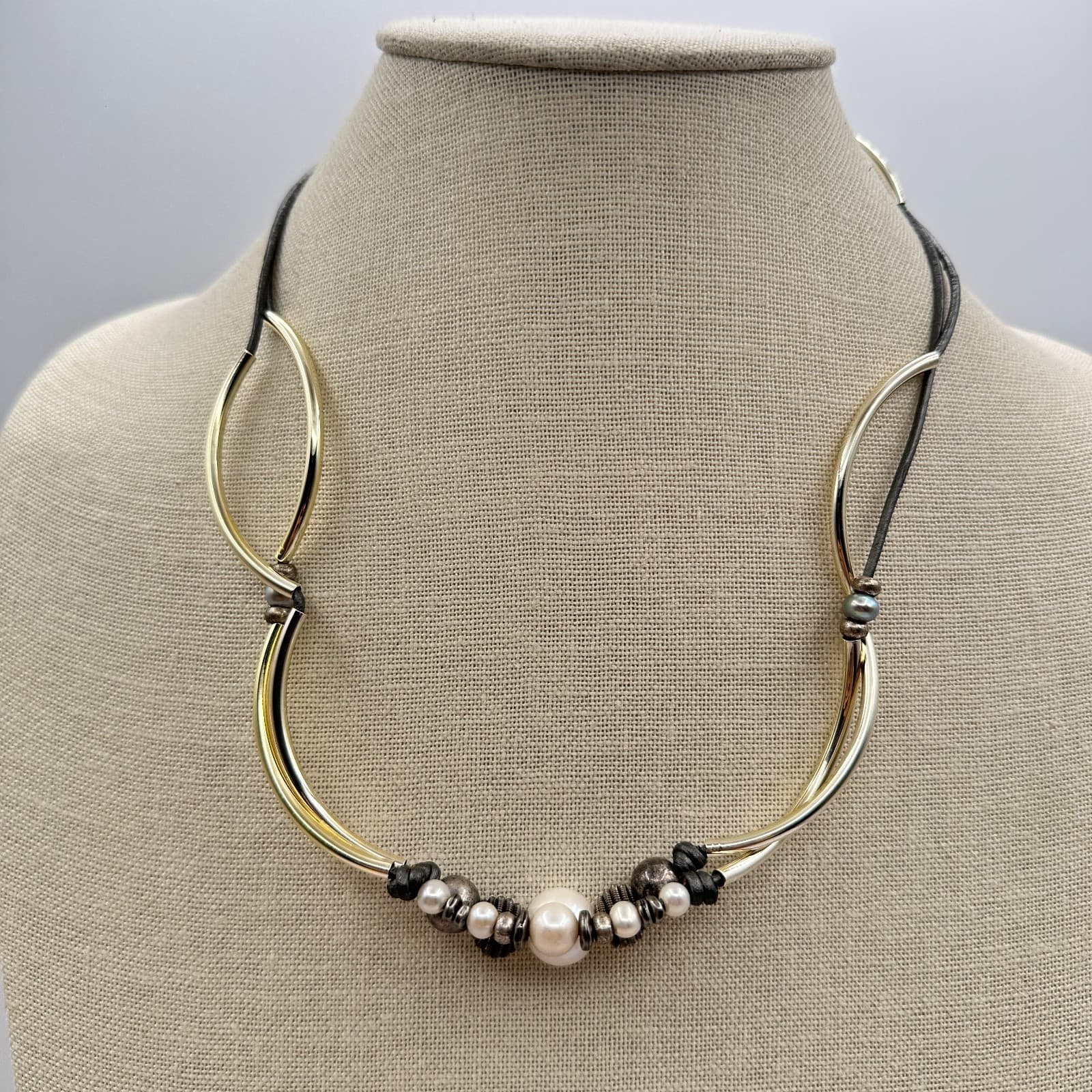 Vintage Y2K Gold Tone Curved Tube Pearl Beaded Necklace Black Cord Boho Jewelry