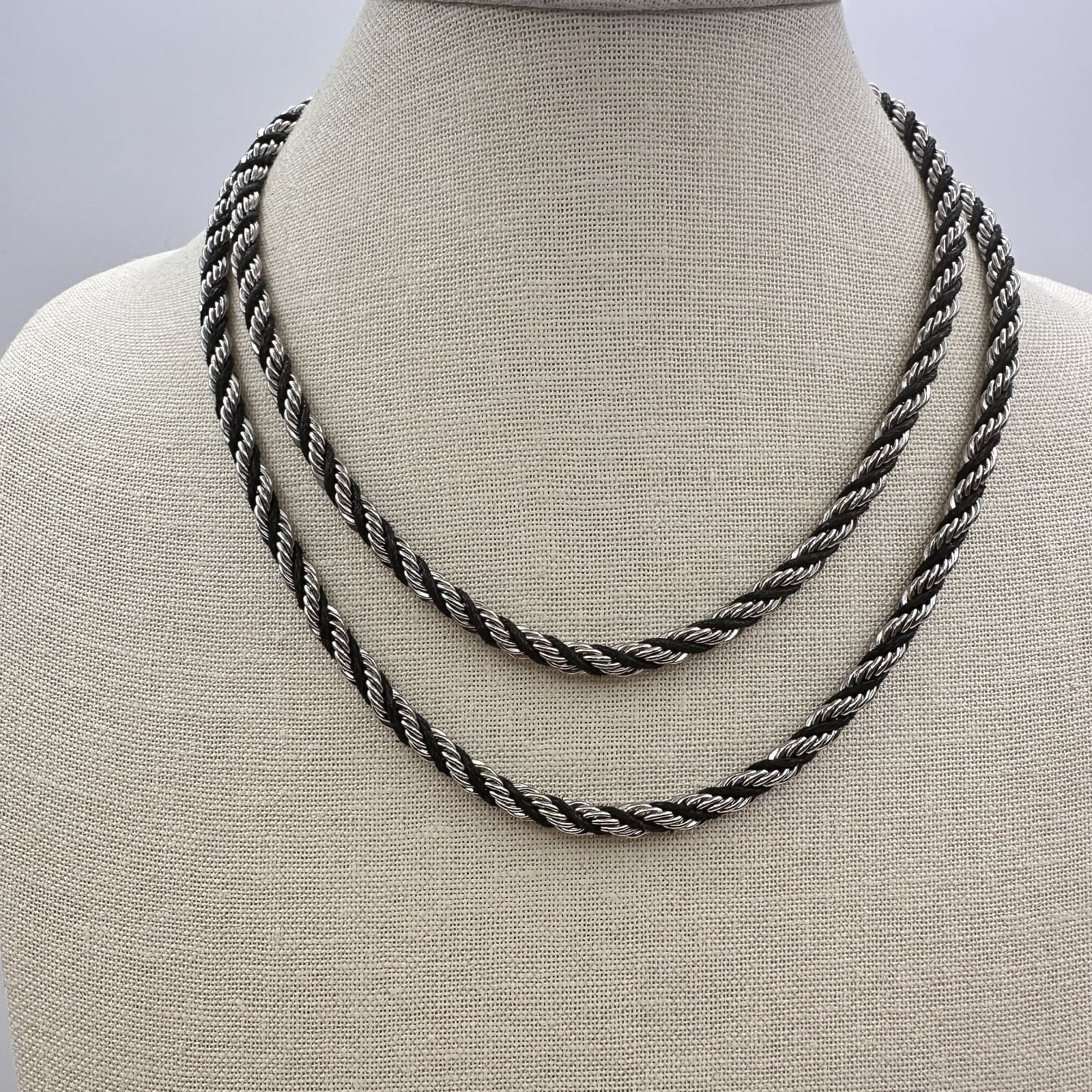 Vintage 90s Multi Strand Silver Tone Rope Chain Black Cord Boho Necklace Jewelry