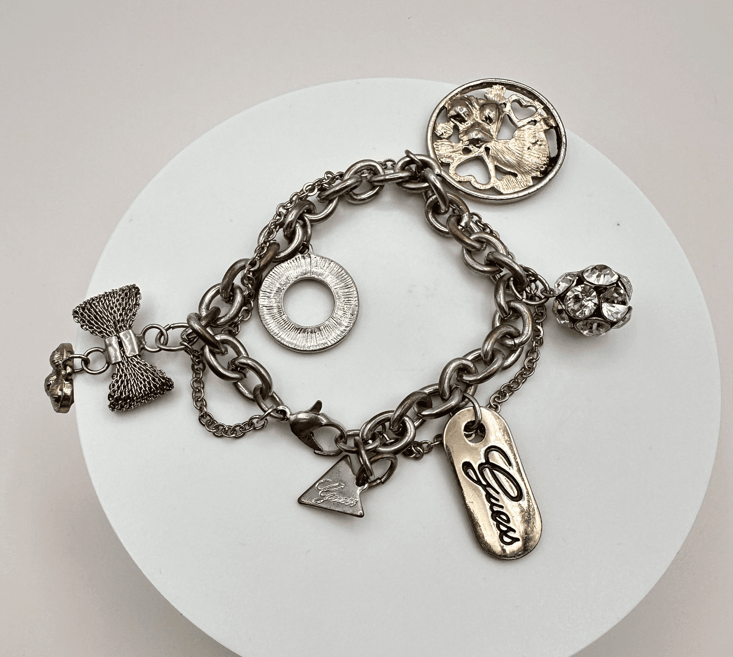 Vintage Y2K Guess Silvertone Bracelet Multi-Charm Statement Boho Fashion Jewelry