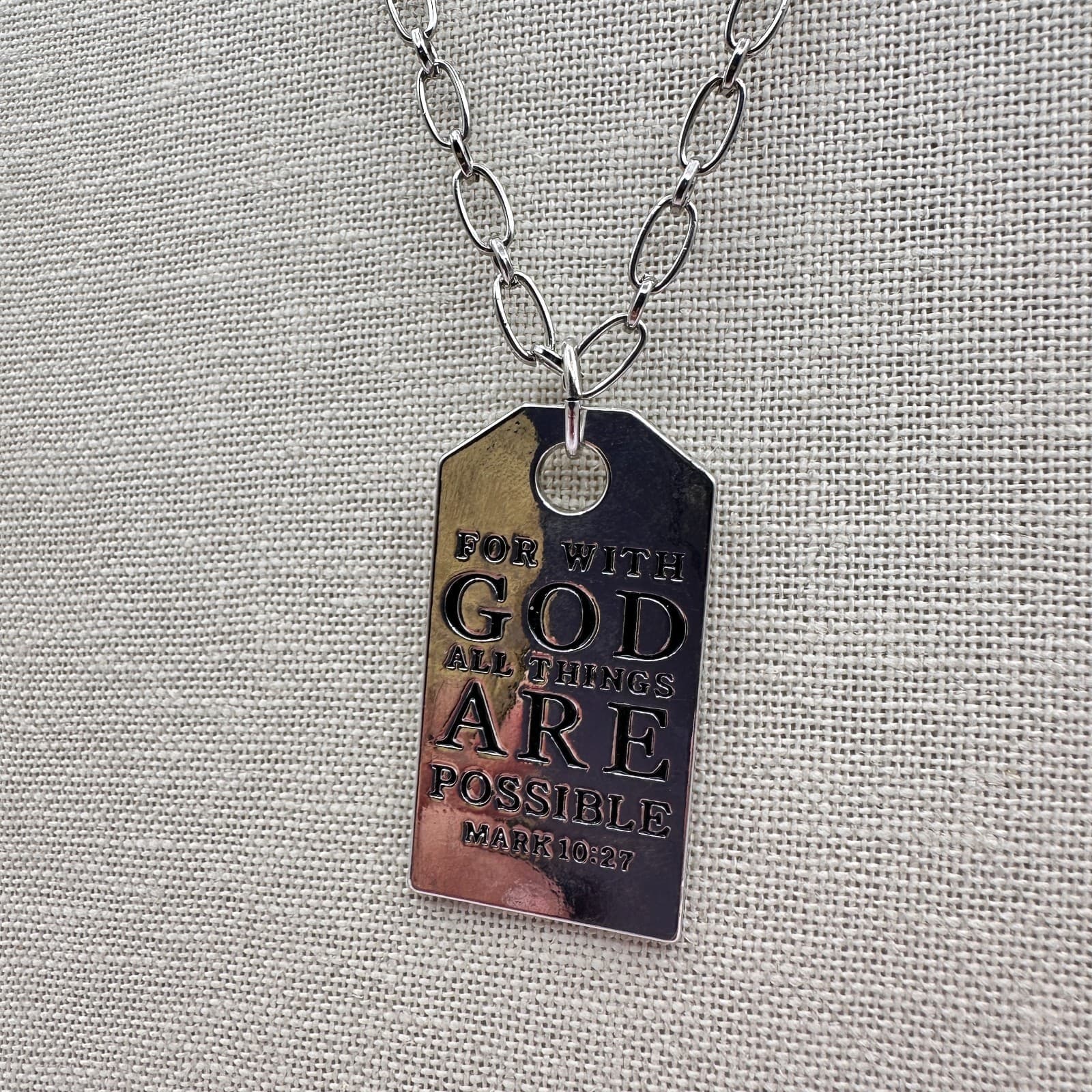 Vintage 90s Silver Tone Mark 10:27 Dog Tag Pendant Necklace Classic Jewelry