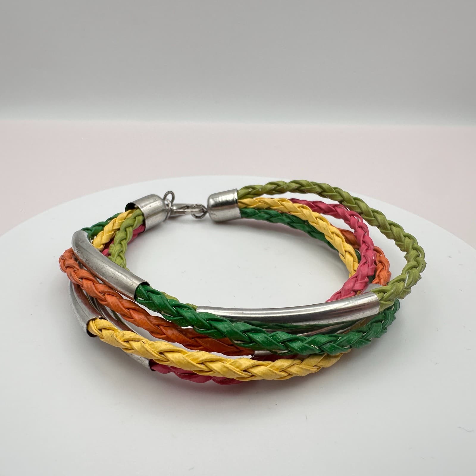 Vintage Y2K Silver-Tone Tube Multi-Strand Braided Faux Leather Bracelet Jewelry