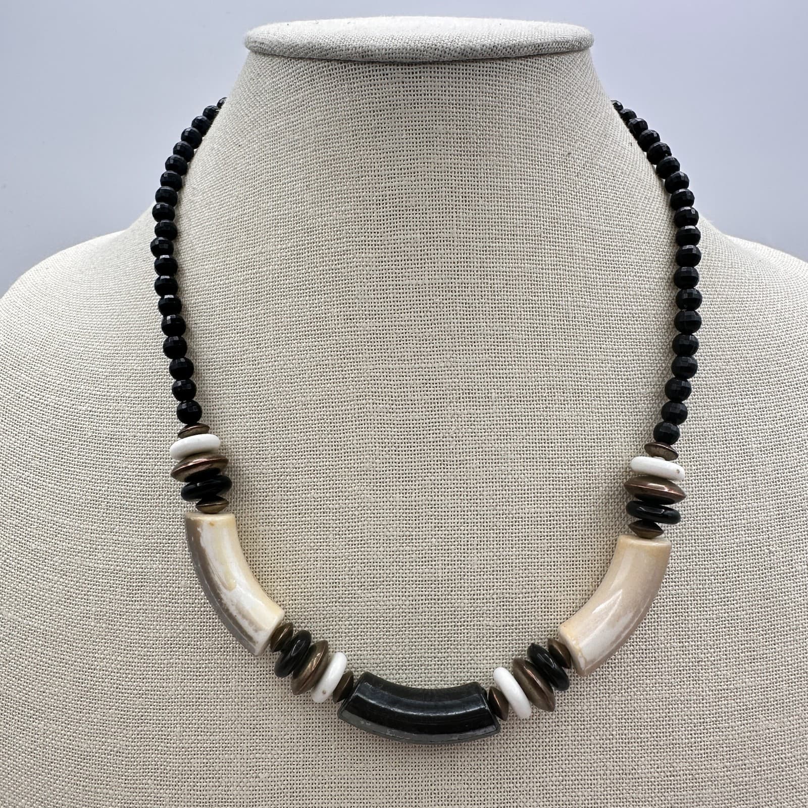 Vintage 90s Tribal Choker Necklace Bead Bone Black White Brown Statement Jewelry