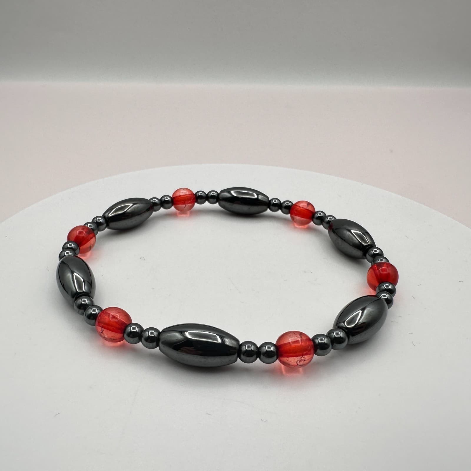 Vintage 90s Hematite Red Glass Bead Stretch Bracelet Classic Fashion Jewelry